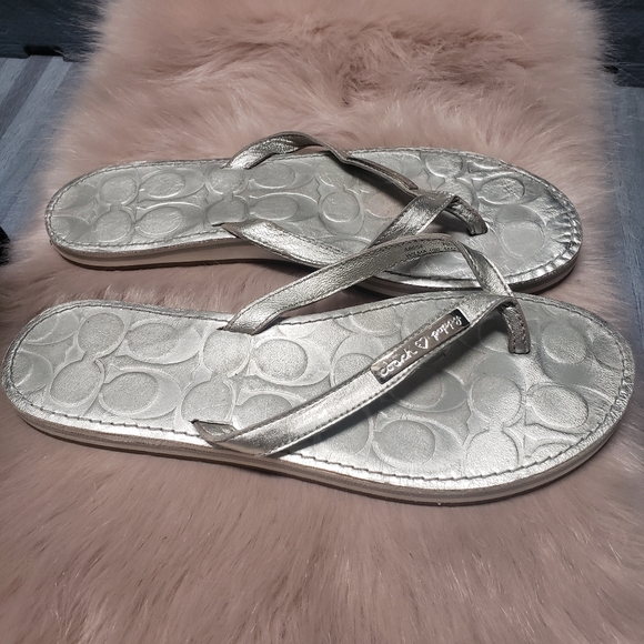 Coach Shoes - Coach Poppy Wilma Leather Silver Flip Flop